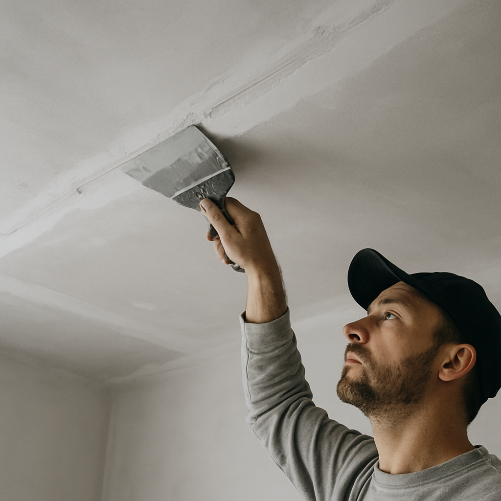 Plasterer repairing and patching a residential ceiling join