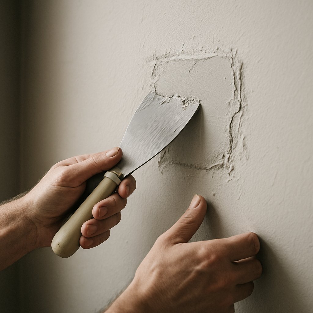 Hands patching and smoothing a small wall repair with a trowel