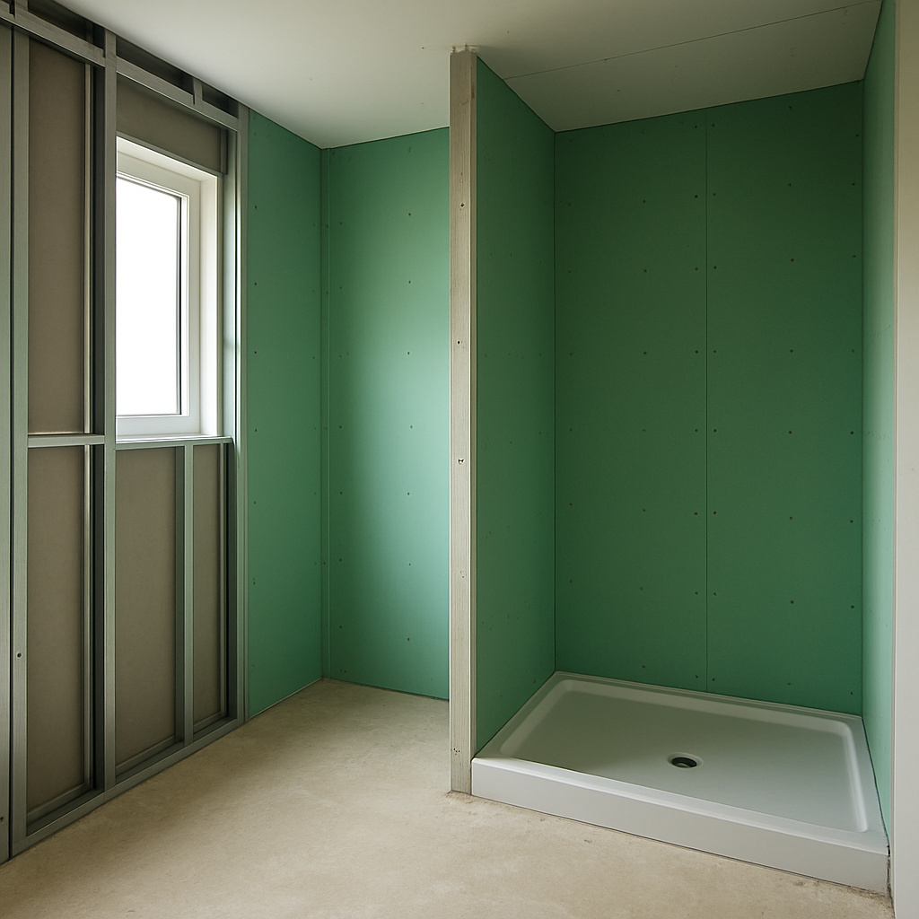 Wet area plasterboard installed in a bathroom under renovation
